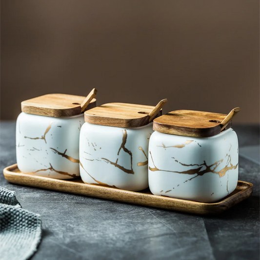 Marbled Ceramic Seasoning Storage Jar Set