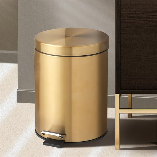 Champagne Gold Metal Circular Trash Bin with Silent Soft-Close Lid