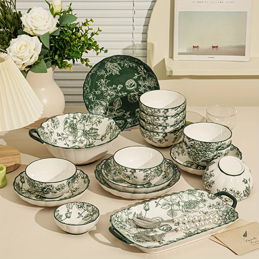 Elegant Green Rose Ceramic Tableware for Stylish Dining